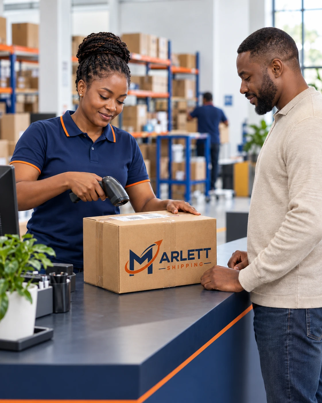 Logistics associate carefully scanning a customer's parcel at a shipping counter