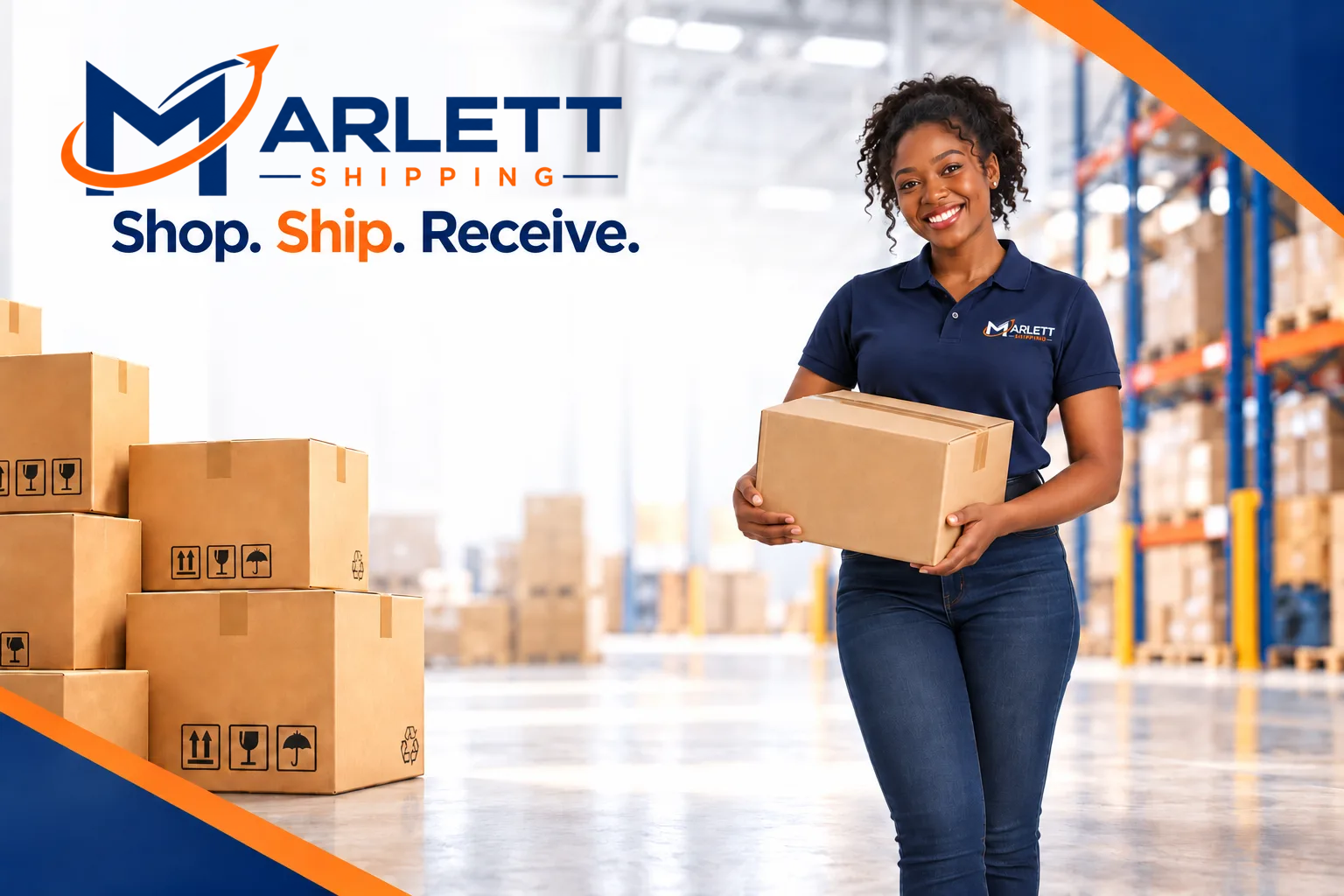 Marlett Shipping associate holding a parcel beside the Shop. Ship. Receive. message