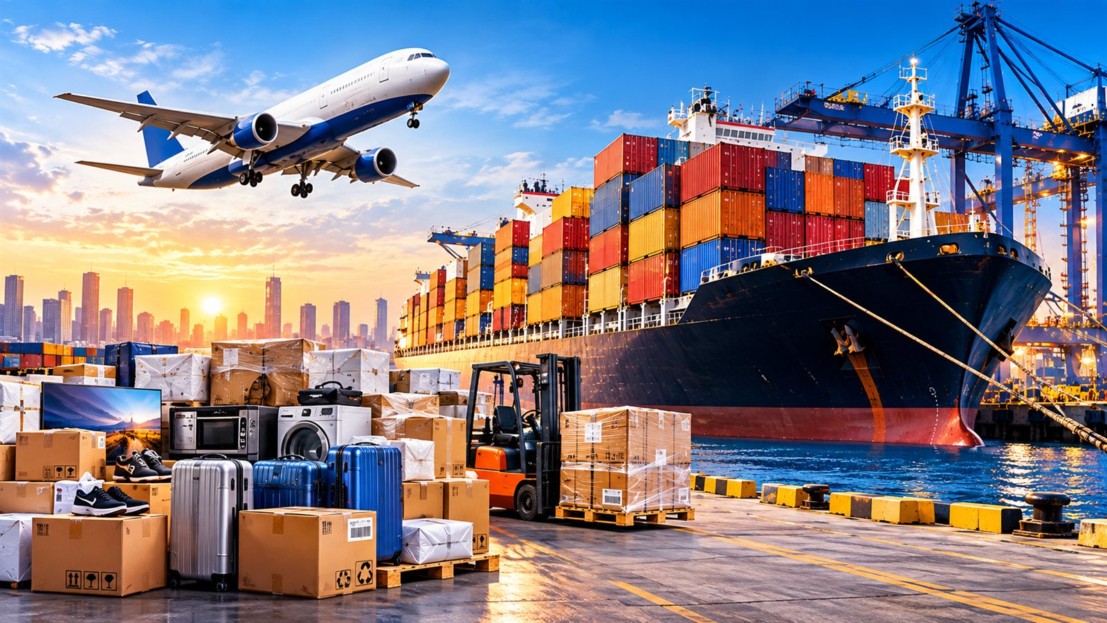 Global shipping hub at sunrise with cargo ships, cranes and stacked containers