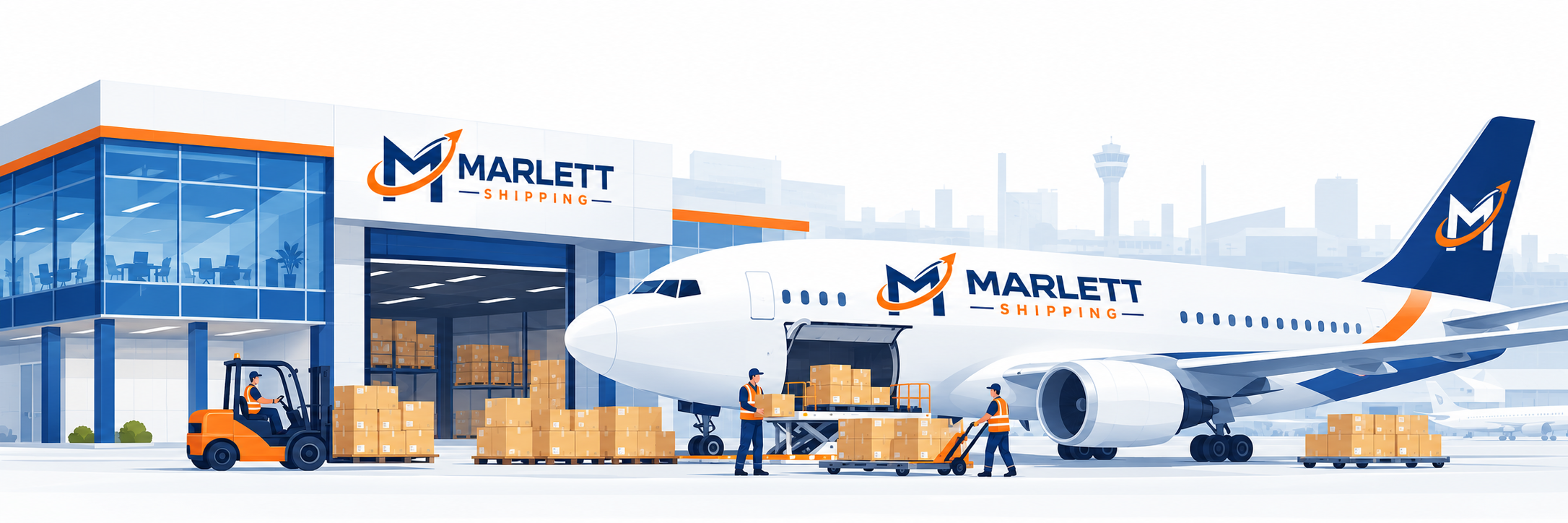 Marlett Shipping aircraft being loaded with cargo at an airport warehouse