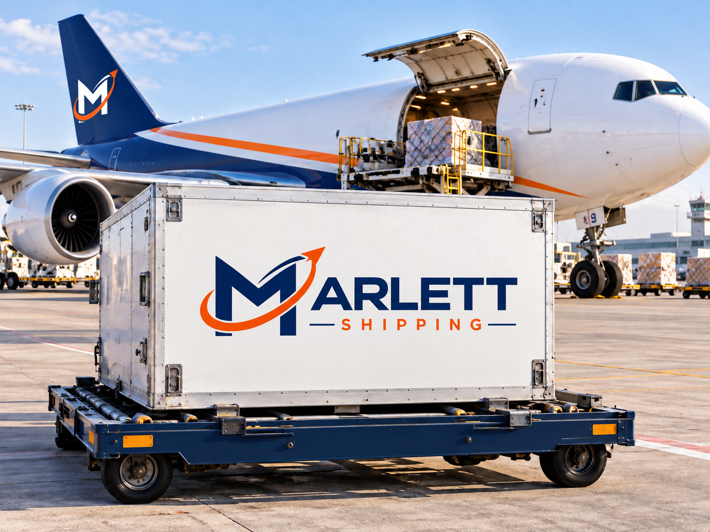 Marlett Shipping air cargo container beside a freight aircraft