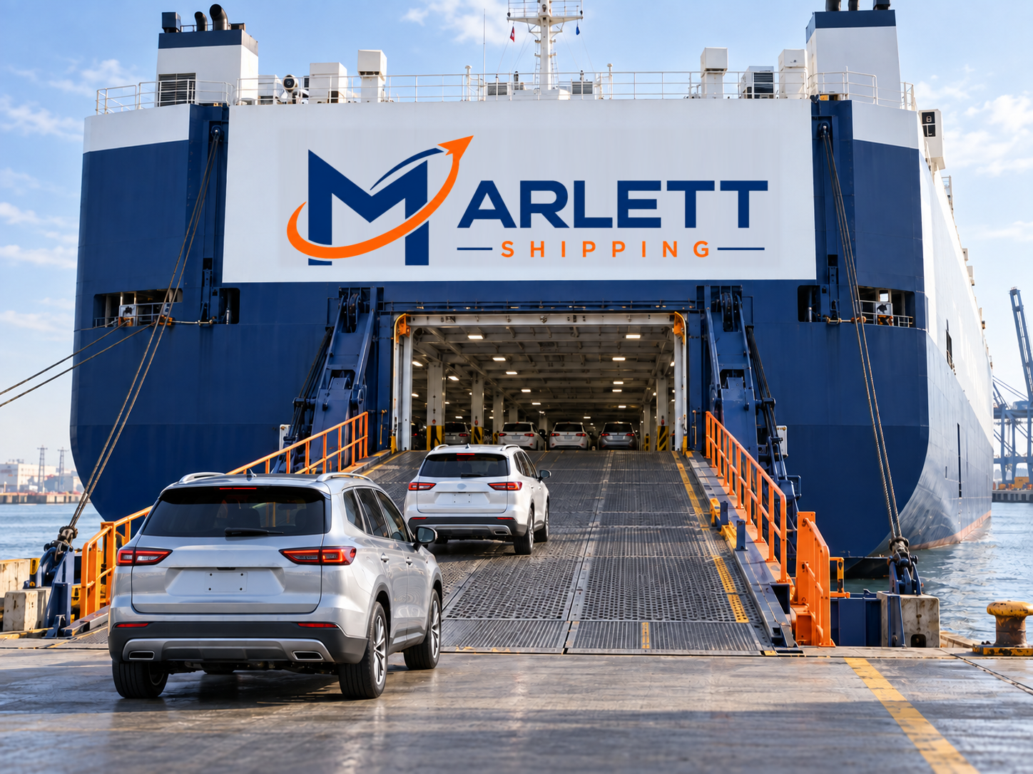 Vehicles boarding a Marlett Shipping RoRo vessel