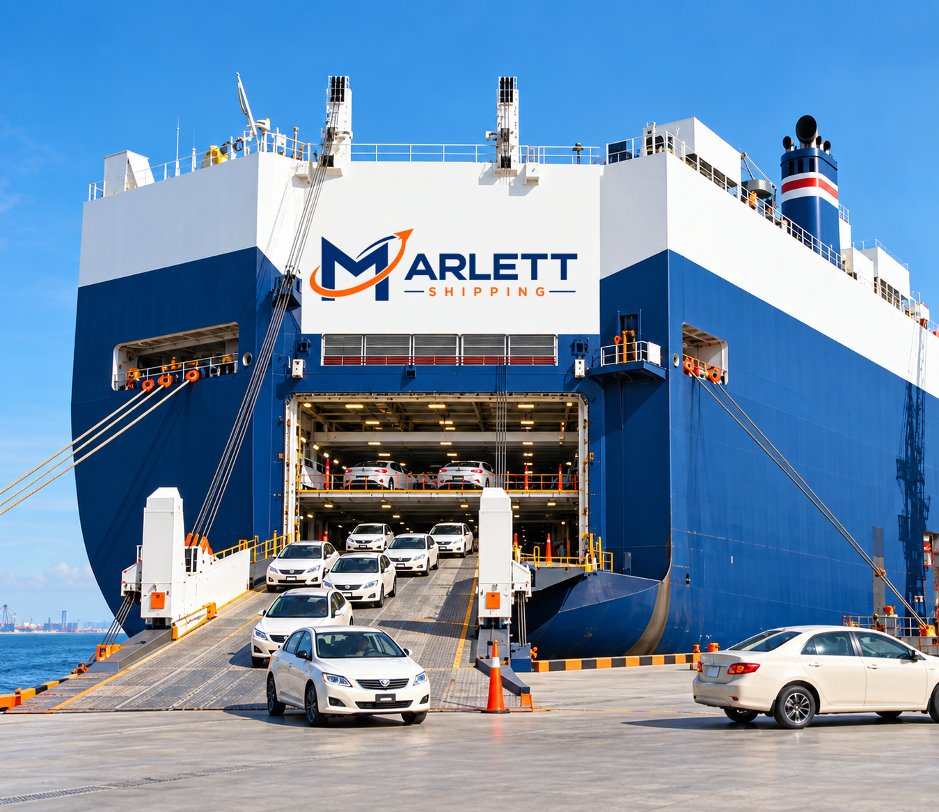 Vehicles unloading from a Marlett Shipping RoRo vessel