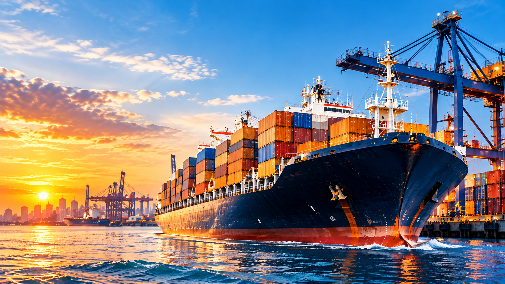 Container ship at a harbor at sunset